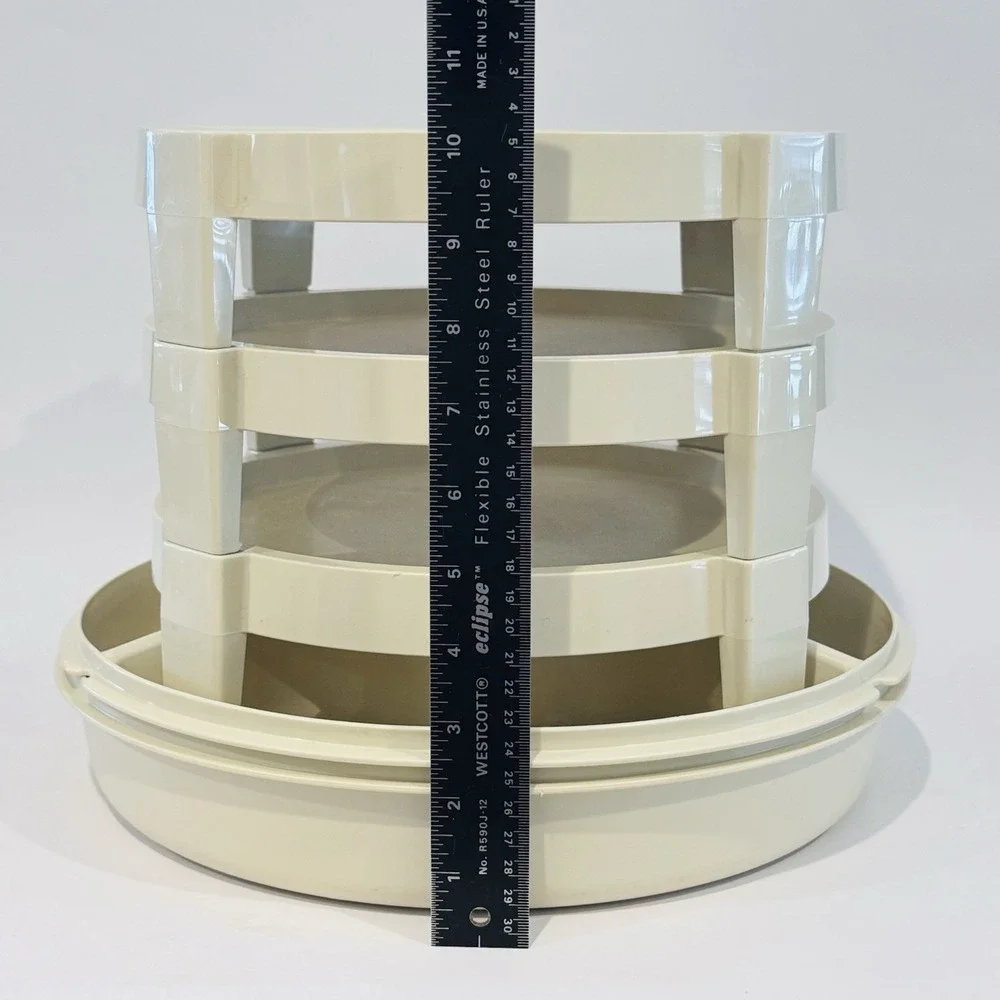 Vintage MCM Tupperware Divided‎ Party Tray w Lid & 3 Tier Stacking Stands Almond